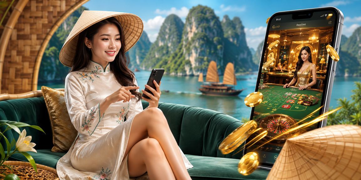 Người chơi dùng ứng dụng casino tại Vịnh Hạ Long đội nón lá truyền thống