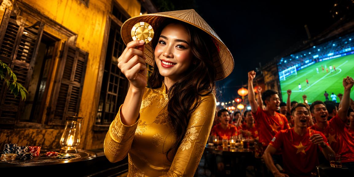 Người phụ nữ Hội An đội nón lá ngồi xem thông tin cá cược và khuyến mãi trên điện thoại